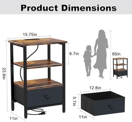 Side Table with Charging Station, Nightstand with Adjustable Fabric Drawer, Bedside Table for Bedrooms, Living Rooms & Home Decor (Brown Black) - Image 2