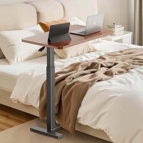 Simple Deluxe Adjustable Overbed Bedside Table with Wheels, Pneumatic Adjustable Hospital & Home Use Bed Table, Rolling Laptop Table, Mobile Standing Desk, Brown - Image 7