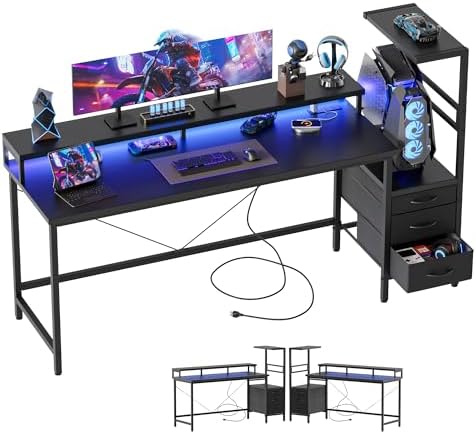 Mericonia 52" Reversible Gaming Desk with Drawers, Computer Desk, Black by MERICONIA