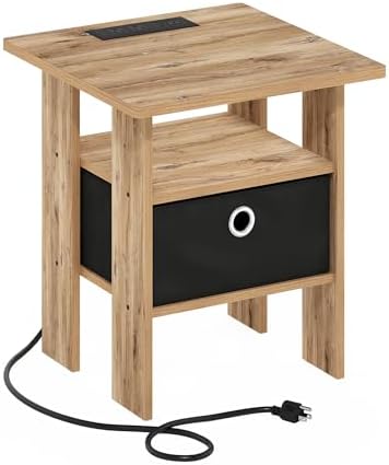 Furinno Andrey USB and Type-C Port Charging Station End Table with Storage Bin, 15.55 (W) x 12.56 (H) x 8.5 (D) inches, Flagstaff Oak/Black - Image 6