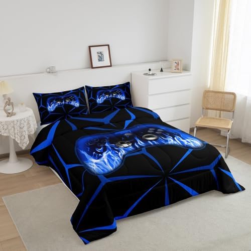 Feelyou Kids Gamer Comforter Set,Gaming Bedding Set Full Size for Boys Girls,3D Geometric Video Game Console Comforter,Blue and Black Game Contoller Bed Set for All Season - Image 2