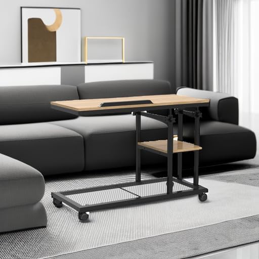Tribesigns Height Adjustable C Table with Wheels, Mobile Couch Snack Side Table with Tiltable Drawing Board, Sofa Bedside Laptop Stand C Shaped TV Tray with Storage Shelves (Black+Oak) - Image 6