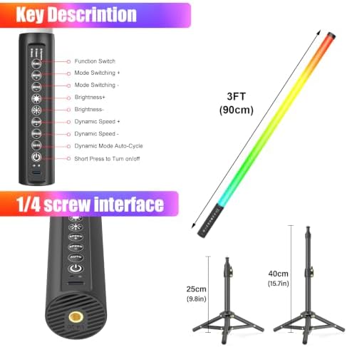 LUXCEO 4Pack RGB Tube Light Bar with Light Stand, Battery Powered LED Video Light Wand Stick with Remote Control for DJ Lighting, Dance Club and Photography Lighting (3Ft) - Image 4