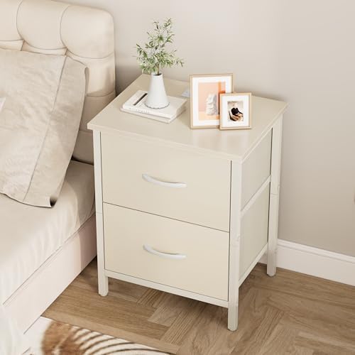 Vagusicc Nightstand Set of 2 with Charging Station, End Table Bedside Table with Power Outlet & USB Ports, Side Table with 2 Fabric Drawers for Bedroom, Living Room, Beige - Image 4