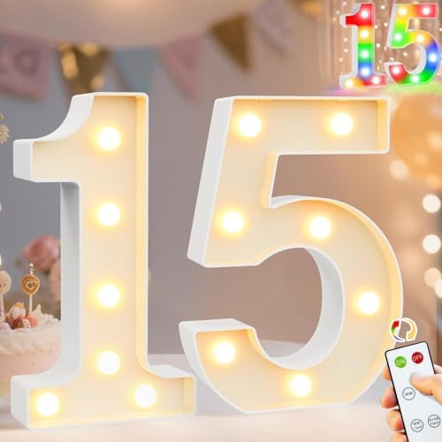 Pooqla 15th Birthday Decoration for Girls Boys, Decorative LED Light Up Numbers, Marquee Numbers 15 Sign for Party Backdrop 15th Wedding Anniversary Decor Gift, Warm White and Colorful Number 15 by Pooqla