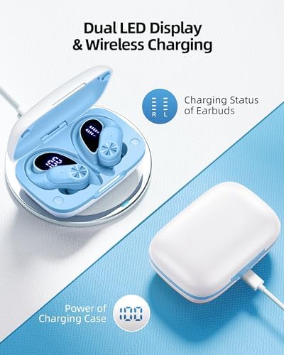 PocBuds Bluetooth Headphones Wireless Earbuds 80hrs Playtime Wireless Charging Case Digital Display Sports Ear Buds with Earhook Deep Bass IPX7 Waterproof Over-Ear Earphones for TV Phone Laptop Blue - Image 3