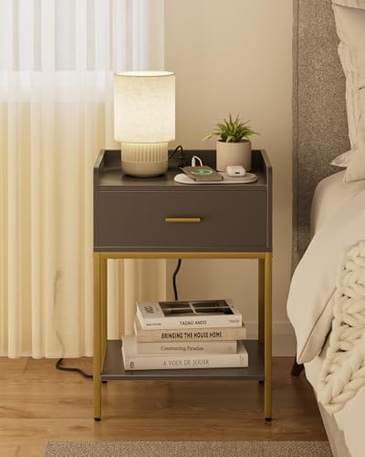 Masupu Nightstand with Charging Station,3-Tier Modern Bedside Night Stand with Storage Drawer and Shelf,Small End Side Table for Bedroom,Living Room,Grey - Image 3