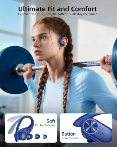 PocBuds Bluetooth Headphones Wireless Earbuds 80hrs Playtime Wireless Charging Case Digital Display Sports Ear Buds with Earhook Deep Bass IPX7 Waterproof Over-Ear Earphones for TV Phone Laptop Navy - Image 6