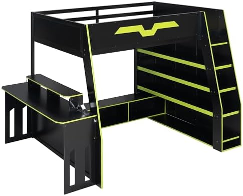 Merax Full Size Gaming Loft Bed with Desk and Multi-Storage Shelves, Space-Saving Wood Loft Bed Frame with Full-Length Guardrail for Teens Bedroom, Built-in Light Strip & Charging Station, Green - Image 7