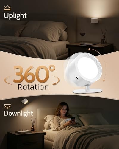 LED Wall Mounted Lights, Rechargeable Wall Sconces, 3 Color Temps, Remote & Touch, 360° Rotating and Dimmable for Bedroom, Bedside & Reading (White, 2 Pack) - Image 6