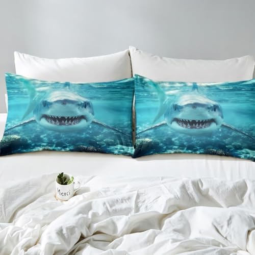 3D Shark Bed Sheets for Kids Boys Teens Marine Life Ocean Shark Sheet Set Sea Underwater Fitted Sheet Aquatic Animal Bedding Set, Nautical Flat Sheet Room Decor 4Pcs Sheets King Size, Blue White - Image 5