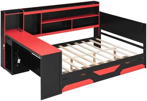 Merax Full Size Gaming Daybed with Integrated Desk and Lights, Wooden Platform Bed Frame with 3 Storage Drawers and Built-in Charging Station, Multi-Functional Headboard Shelves, No Box Spring Needed - Image 6