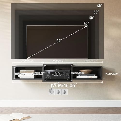 IBUYKE Floating TV Stand Wall Mounted with Power Outlet,Modern Wood Wall Mounted Media Console Shelf,Floating Entertainment Center for Under TV Storage for Living Room Bedroom Office,Black WST001B- - Image 2