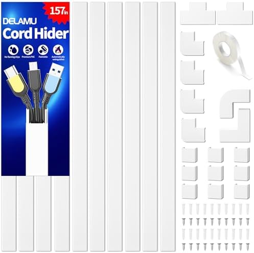 Delamu Cord Hider, 157in Wire Covers for Cords on Wall, Premium Cable Hider Cord Covers for Wires, Cable Management Wire Hiders for TV, Cable Raceway Kit, W0.95 H0.55in, White by DELAMU