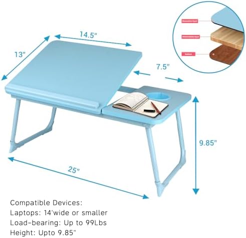 CloudTrip Laptop Desk for Bed or Couch, Lap Desk, Home office Desks, Breakfast Tray Desk, Desk with Cup Holder, Watching Movies in Bed, laptop stand for bed, Lap Desk, Fordable Legs Desk (blue) (Blue) - Image 2