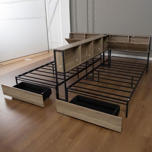 Gray Corner Bed with Drawers, Bookcase, Light & Charging Station, Twin/Twin - Image 6