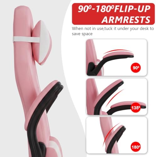 BestOffice Gaming Chair Office Chair Desk Chair with Lumbar Support Flip Up Arms Headrest Swivel Rolling Adjustable PU Leather Racing Computer Chair for Girls,Pink - Image 5