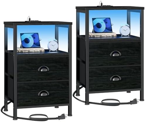 Furologee Nightstands Set of 2, End Tables with Charging Station and LED Lights, Black Night Stands with 2 Fabric Drawers, Bedside Tables Set of 2 for Living Room/Bedroom,Black Oak by Furologee