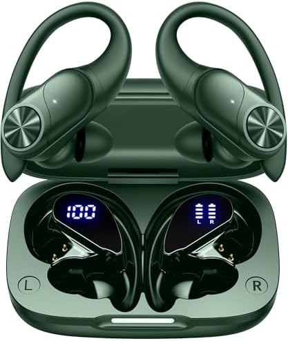 PocBuds Bluetooth Headphones Wireless Earbuds 80hrs Playtime Wireless Charging Case Digital Display Sports Ear Buds with Earhook Deep Bass IPX7 Waterproof Over-Ear Earphones for TV Phone Laptop Olive by PocBuds