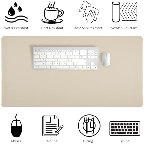 Beige Desk Mat with Stitched Edges, 31.5"×15.7" Keyboard Pad, Non-Slip Desk Protector Mat, Leather Desk Blotter, Waterproof Desk Pad for Office Home Decor - Image 4