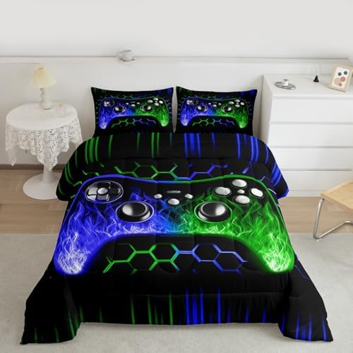 Erosebridal Honeycomb Gaming Boys Comforter Set Blue Green Neon Lights Game Console King Bedding Set Ombre Art Geometric Hexagon Beehive Duvet Set Gamer Room Decor for Boys - Image 6