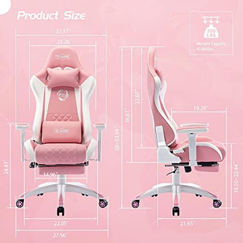 S*MAX Gaming Chair with Footrest Thicken Seat Ergonomic Gaming Chair with 3D Armrest PU Leather Gamer Chairs for Adults Headrest Lumbar Support Gaming Chairs for Adults Pink Large - Image 3