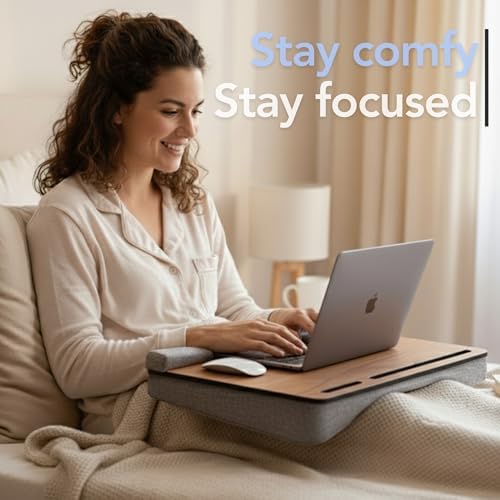 Vigo Wood Laptop Lap Desk with Cushion for Bed, Portable Home Office Tray Fits up to 17.3 Inch, Built-in Phone and Tablet Holder (Oak-Gray) - Image 3