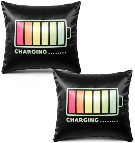 Pack of 2 Gamer Throw Pillow Covers 18x18 Inch, Satin Silk Feeling Decorative Pillow Cases with Hidden Zipper, Charging Battery Design for Boys Room Sofa Couch Bedroom Decor by knIykmr