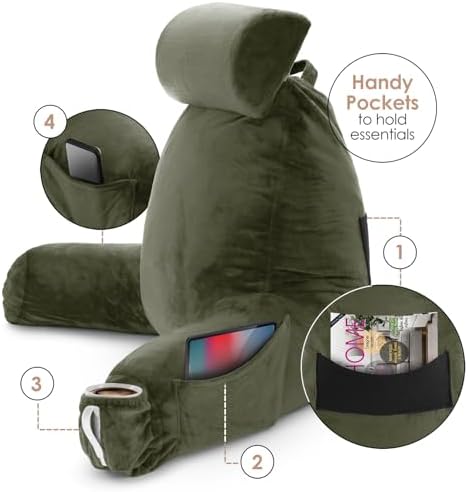 Nestl Reading Pillow with Portable Laptop Lap Desk - Shredded Memory Foam Back Support Pillow for Sitting Up in Bed and Couch Rest Pillows with Arms, Bed Tray Table with Foldable Legs, Olive Green - Image 6