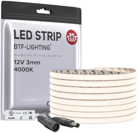 BTF-LIGHTING 3mm Width Ultra Thin COB LED Strip Light Natural White 4000K by BTF-LIGHTING