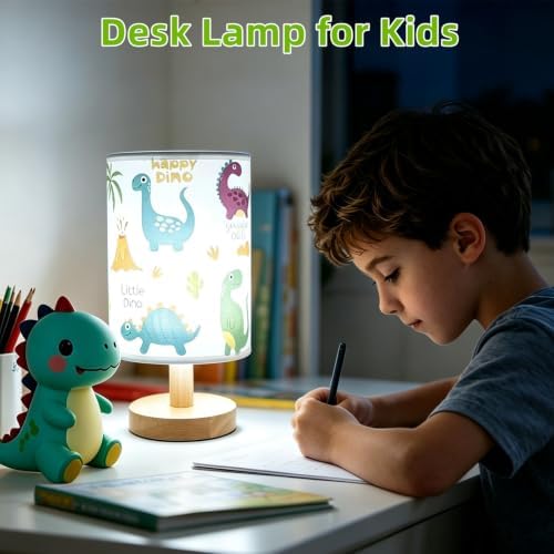 Dinosaur Kids Table Lamp,3 Color Dimmable Bedside Nightstand Night Light with Cartoon Lampshade,Cute LED Desk Lamp for Boys Girls Bedroom Nursery Dino Decor Dinosaur Birthday Gift for Toddler Boy - Image 4