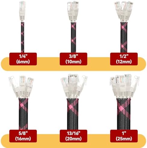 Braided Cable Sleeve, 16.4ft Expandable Mesh Cable Management Sleeve, Wear-Resistant Cord Protectors from Pets No Chew Flexible Wire Sleeving for Audio Video (Black and Pink, 3/8") - Image 2