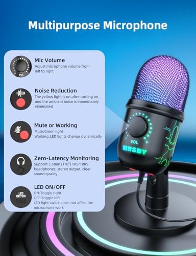 MRSDY USB Gaming Microphone for PC with Noise Reduction, Mute, Gain, RGB - Image 4