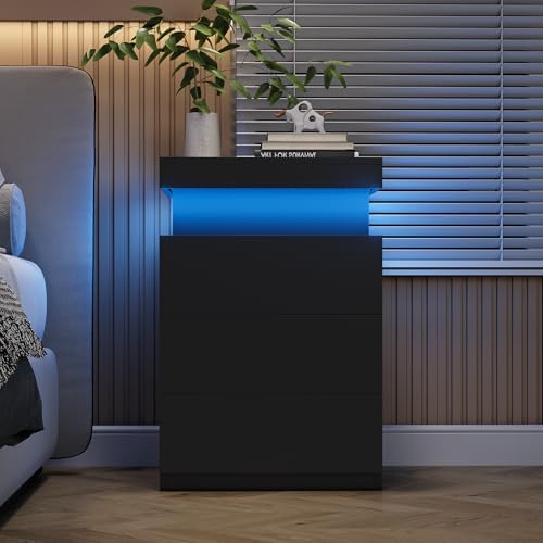 OLIXIS Black Nightstand with Charging Station & RGB LED Lights by OLIXIS