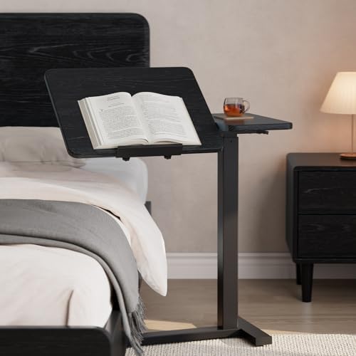 Solid Wood Overbed Bedside Table with Wheels, Tilting Adjustable Hospital Bed Table Over The Bed, Medical Mobile Laptop Stand, Rolling Standing Desk for Hospital and Home Use(Black) by Dongmuwujee