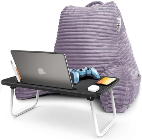 Nestl Dusty Purple Reading Pillow with Bed Desk for Laptop and Writing, Luxe Cut Plush Back Pillow for Sitting Up, Back and Arms Adjustable Support for Adult & Teens, Foldable Lap Desk for Bed 22x14” by Nestl