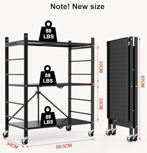 Himix 3 Tier Foldable Storage Shelf with Wheels 6 Hooks No Assembly Black - Image 3
