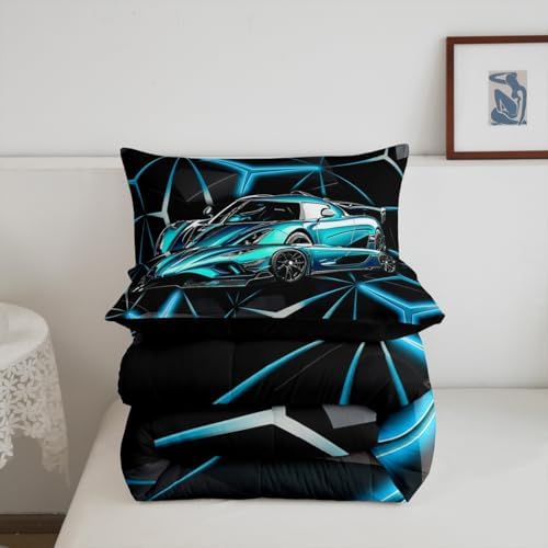 Feelyou Teal Blue Race Car Bedding Set Toddler Size for Kids Boys Extreme Sport Games Comforter Set Teens Toddler Fast and Furious Car Duvet Set Cool Modern Quilt Set 2Pcs - Image 5
