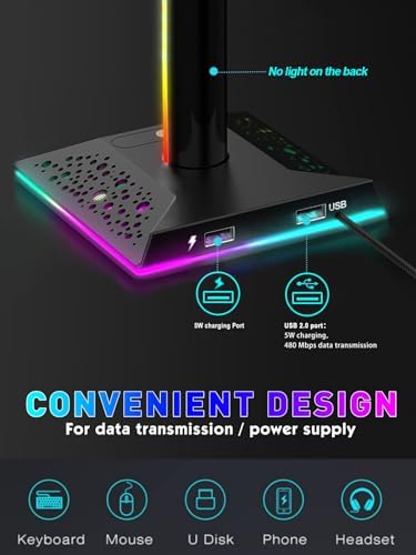RGB Gaming Headphones Stand with 2 USB Ports Headset Stand with 10 Light Modes and Non-Slip Rubber, Suitable for All Earphone Accessories, Best Gift for Husband, Kids, Boyfriend - Image 4