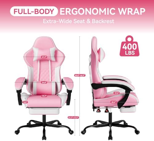 Pink Ergonomic Video Gaming Chair | Massage Lumbar Support, 90°-135° Reclining with Footrest, Adjustable Height 360° Swivel PU Leather Office Chair for Adults - Image 2