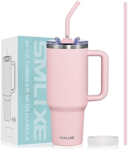 40 oz Tumbler with Handle and Straw Lid,Insulated Reusable Stainless Steel Water Bottle Travel Mug，Cupholder Friendly Double Wall Vacuum Sealed Cup (Pink) by smlixe