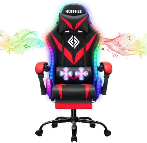 LED Gaming Chair with Speakers RGB Lights Massage Computer Chairs-Red | Bluetooth Game Chairs for Adults;Ergonomic High Back Video Game Chair; Reclining Gamer Chair with Footrest Lumbar Support - Image 3
