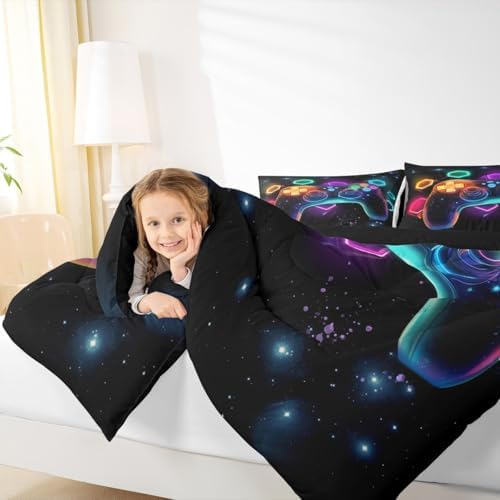 Erosebridal Game Consoles Full Size Bedding Set - Gamer Gifts, Gaming Comforter Sets for Kids, Space Glow Geometric Pattern, Boys & Girls, Red, Green, Blue, Teal - Gaming Room Decor - Image 4