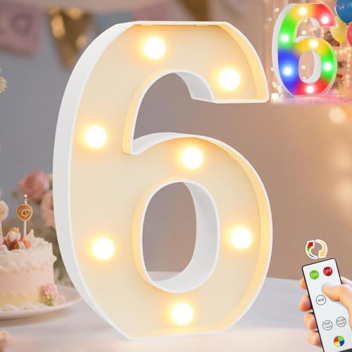 Pooqla LED Light Up Numbers 6, Warm White and Colorful Lighted Marquee Numbers with Remote, Lighted Numbers for 6th 16th Birthday Decorations, Gift for Girls Boys Her Him Anniversary Home Party Decor by Pooqla