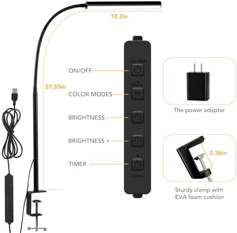 LED Desk Lamp with Clamp, 5 Color Modes & 10 Brightness Levels, Eye-Caring Desk Light, Flexible Gooseneck, Memory Function, Adapter Included for Home Office, Reading & Study - Image 3
