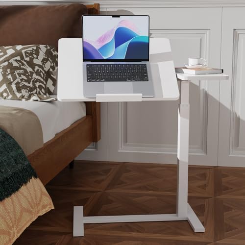 Simple Deluxe Overbed Bedside Table with Hidden Casters, Height Adjustable Desk with Tilting Top, Mobile Rolling Laptop Desk, Standing Rolling Desk Hospital Home Use, White by SimpleDeluxe