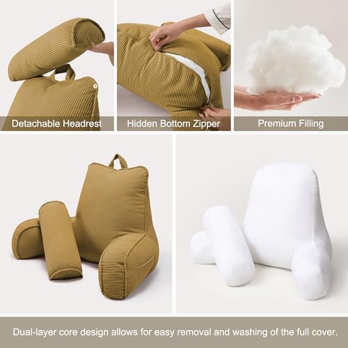 Bed Rest Reading Pillow, Backrest Pillow with Arms, Corduroy Back Support Cushion with Side Pockets & Washable Cover, for Sitting Up in Bed, Sofa Relaxing & Watching TV, Mustard Yellow - Image 6