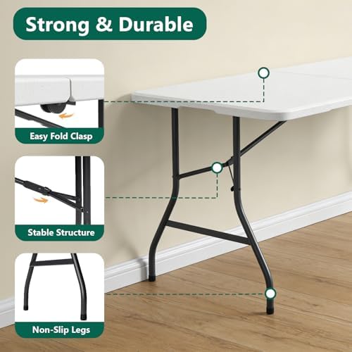 5FT Folding Table 2 Pack,Heavy Duty Plastic Foldable Tables with Carry Handles,Fold-in-Half Portable Utility Tables with Steel Legs for Party,Wedding,Banquet,Camping,Picnic,Event,Indoor Outdoor,White - Image 5