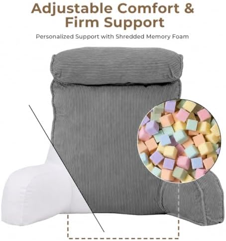 Reading Pillow for Bed with Detachable Neck Roll and Shredded Memory Foam, Back Pillow with Arms for Sitting Up, Washable Bed Rest Pillow with Side Pocket for Gaming, Sofa, Dorm - Light Gray - Image 4