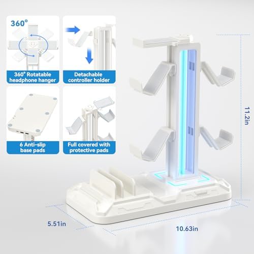 KDD Headset Stand with Charging Station - Detachable Controller Holder with 9 Light Modes - Rotatable Headphone Hanger with USB A&C Charger Ports - Earphone Hook for PC Gaming Accessories Storage - Image 5